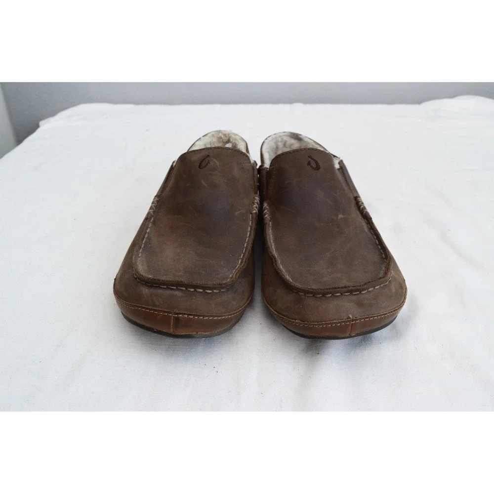 OluKai Moloa Slipper 9 Dark Wood Leather Shearling Mens Moccasin 10252-6363